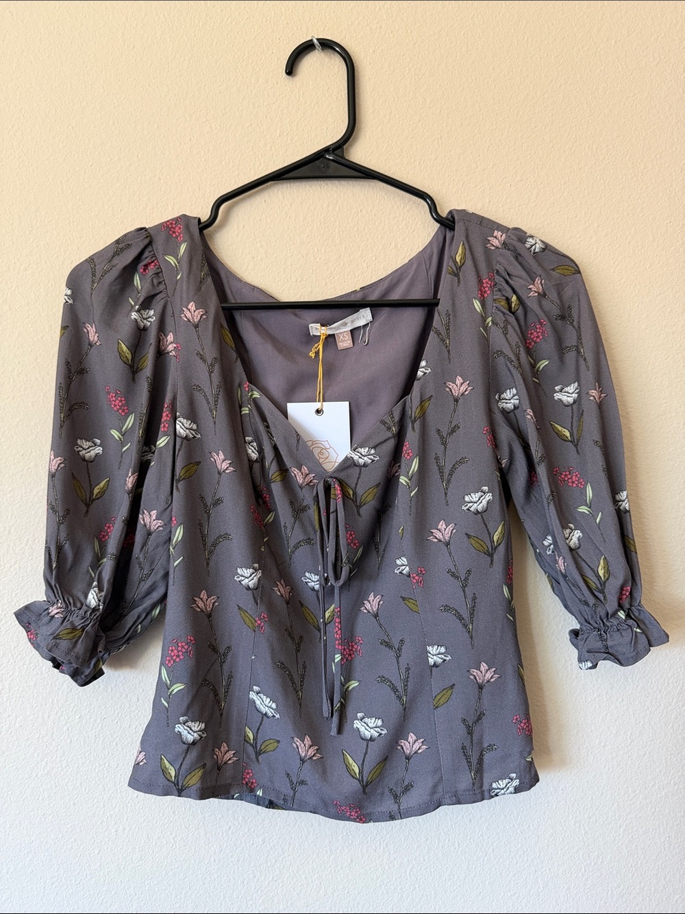 Floral Tie-Front Peasant Blouse in Gray - Picture 2 of 6